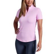 IBKUL Women's Solid Short Sleeve Zip Mock Neck Shirt - Candy Pink