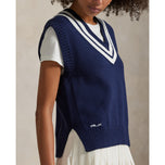 RLX Ralph Lauren Women's Cotton V Neck Sweater - Refined Navy/Ceramic White