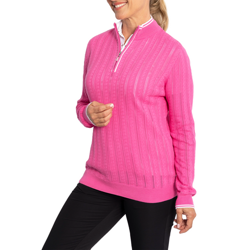 Glenmuir Women's Florence Quarter Zip Cable Knit Cotton Golf Pullover  - Hot Pink