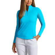 IBKUL Women's Solid Long Sleeve Zip Mock Neck Shirt - Turquoise