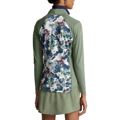 RLX Ralph Lauren 女式球衣 UV 四分之一拉链高尔夫套头衫 - 艺术家抽象迷彩/工装绿